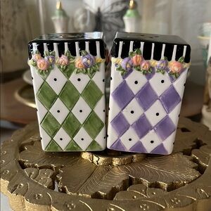 Vintage Mary Engelbreit Green and Purple Checkered Roses Salt and Pepper Shakers